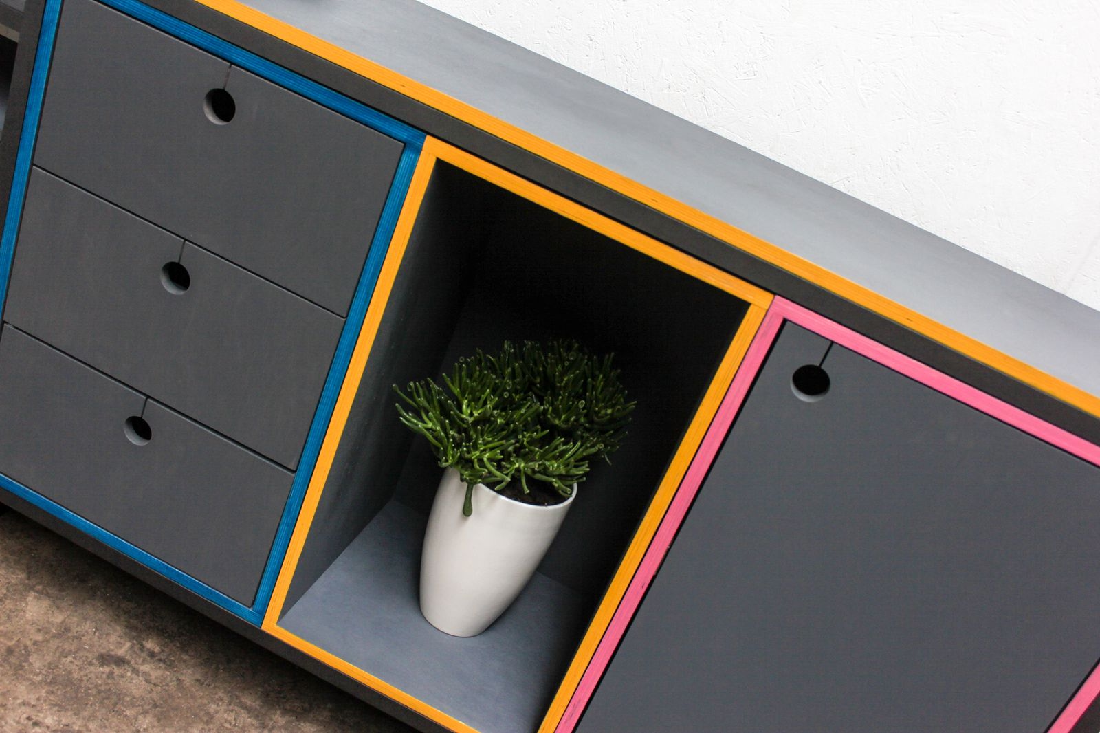Rhys Bespoke Birch Ply And Aluminium Box Section Colourful Shelves And Storage With Drinks Cabinet photo vinterior
