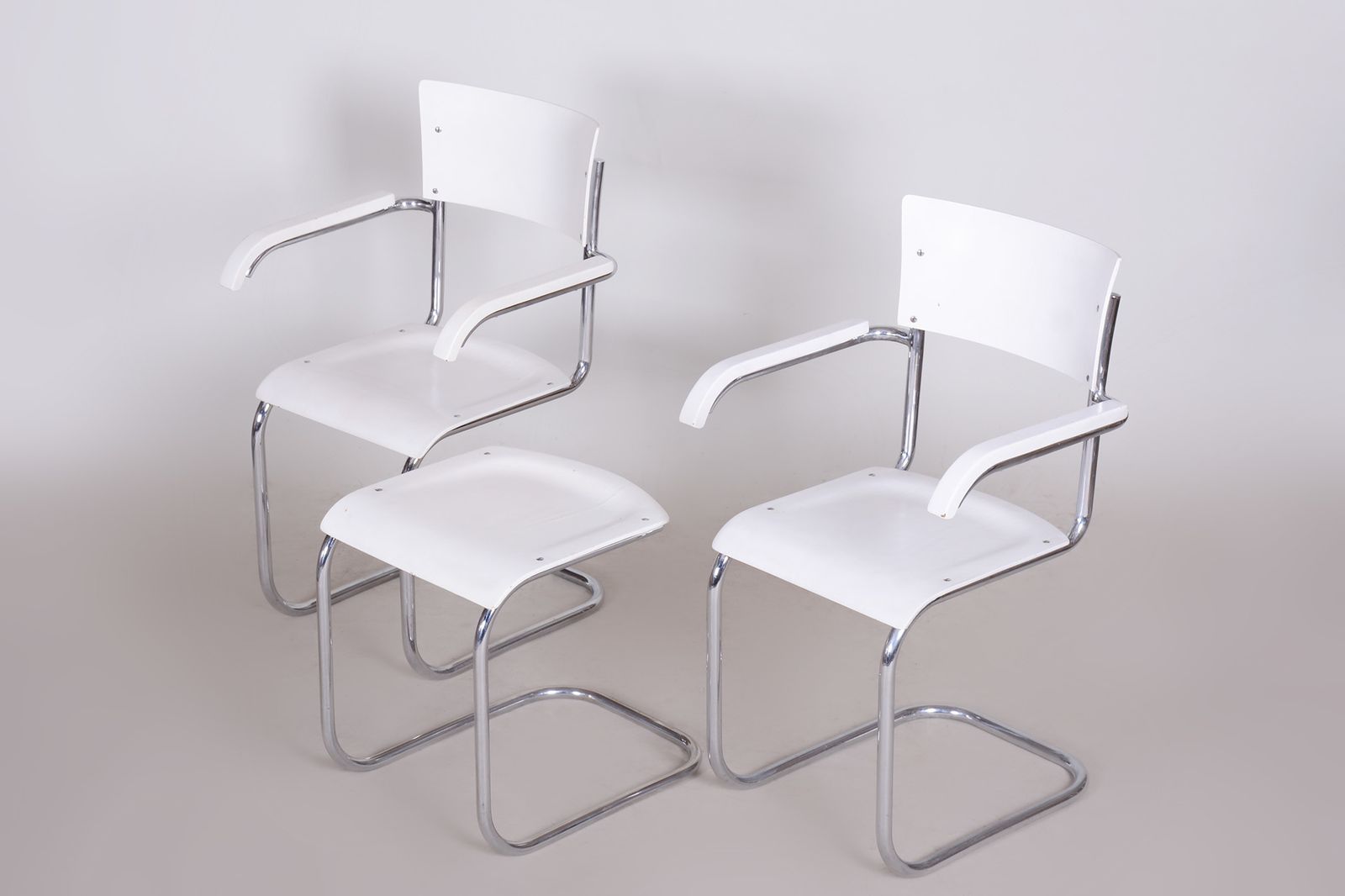 Pair Of Original White Mucke Melder Chairs And Stool Made In 1930s Czechia