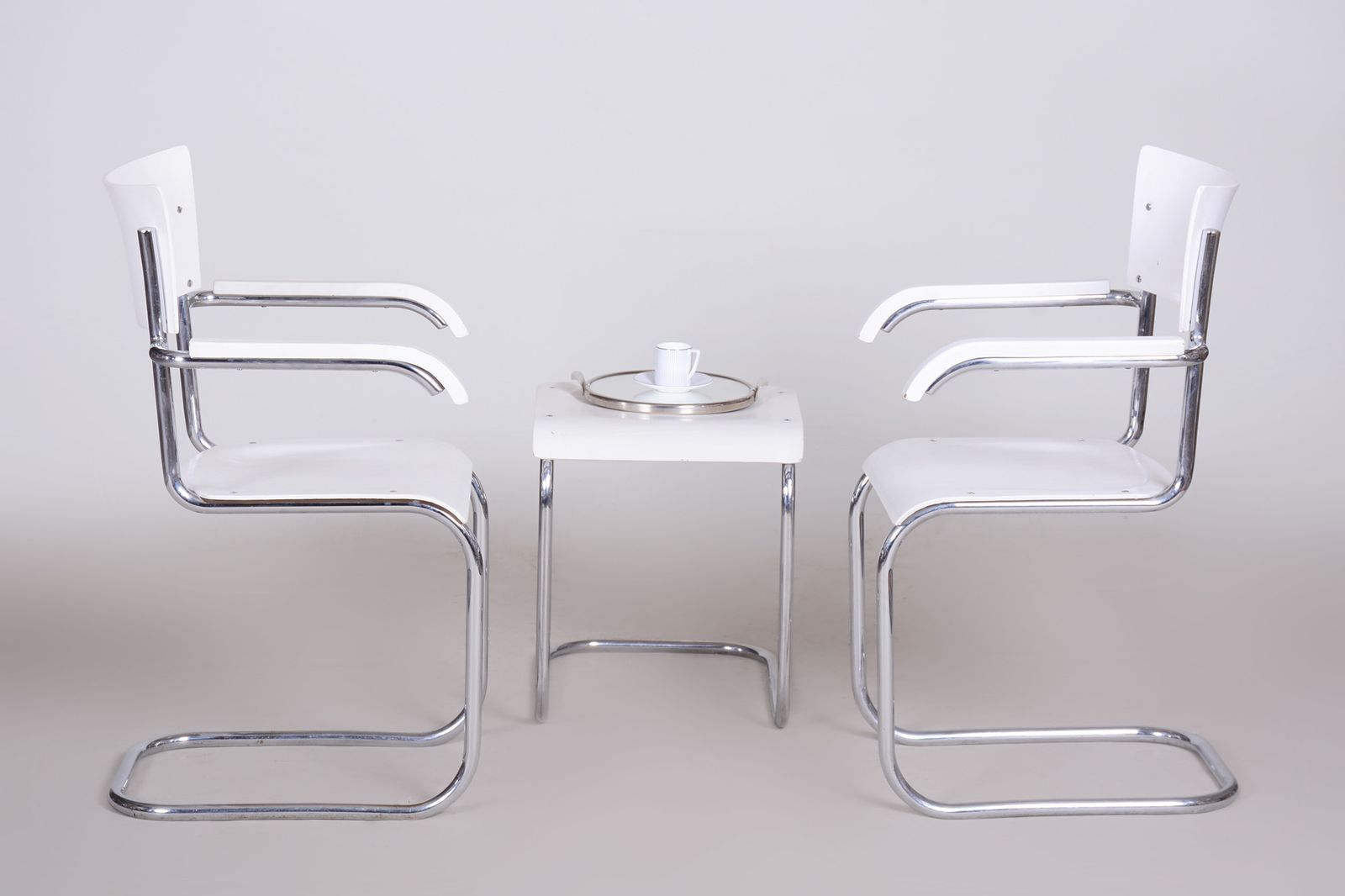 Pair Of Original White Mucke Melder Chairs And Stool Made In 1930s Czechia photo vintage