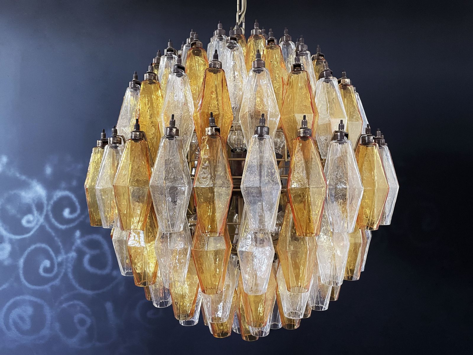 Amazing Spherical Murano Poliedri Candelier   140 Amber And Clear Poliedri photo for sale