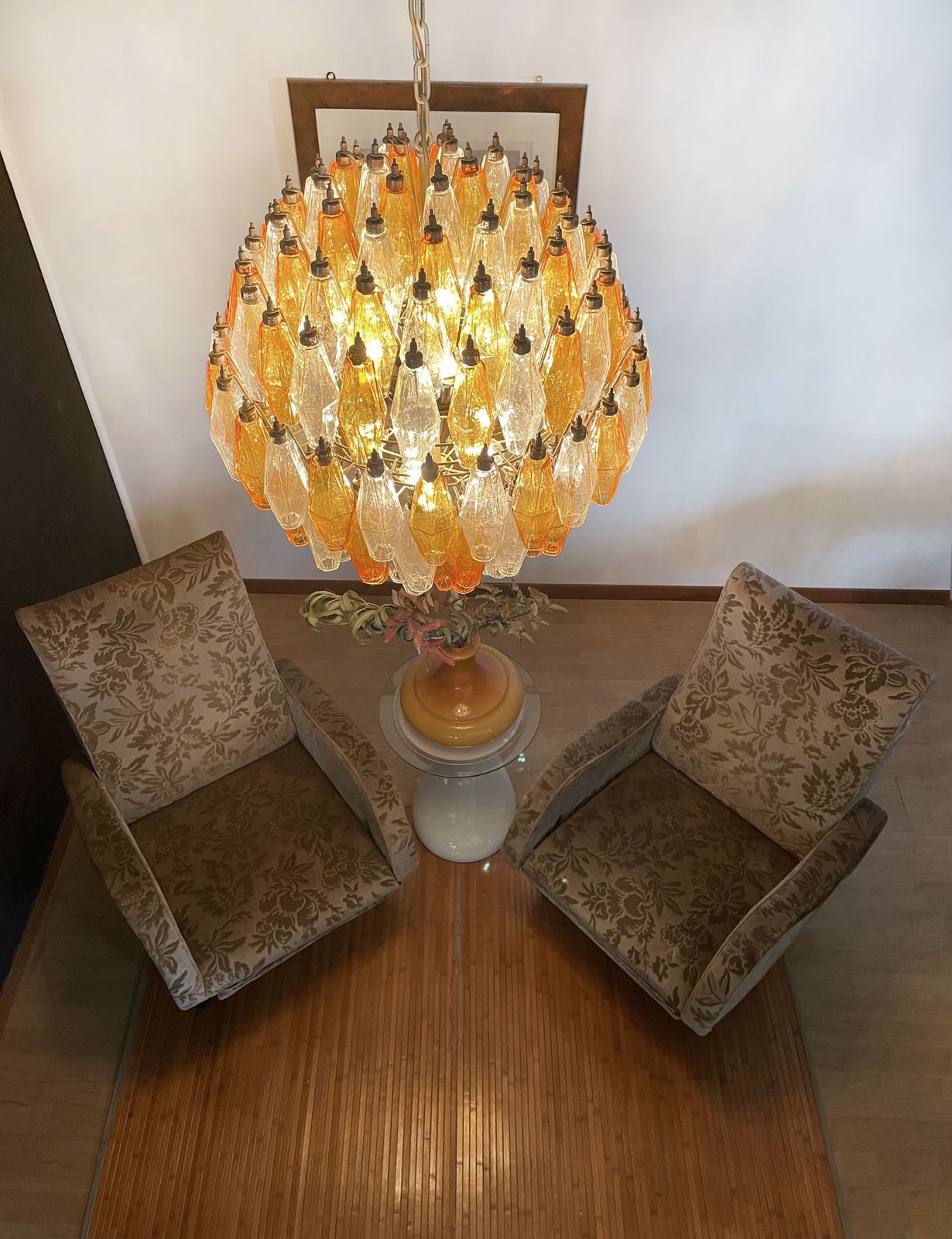 Lighting Amazing Spherical Murano Poliedri Candelier   140 Amber And Clear Poliedri photo