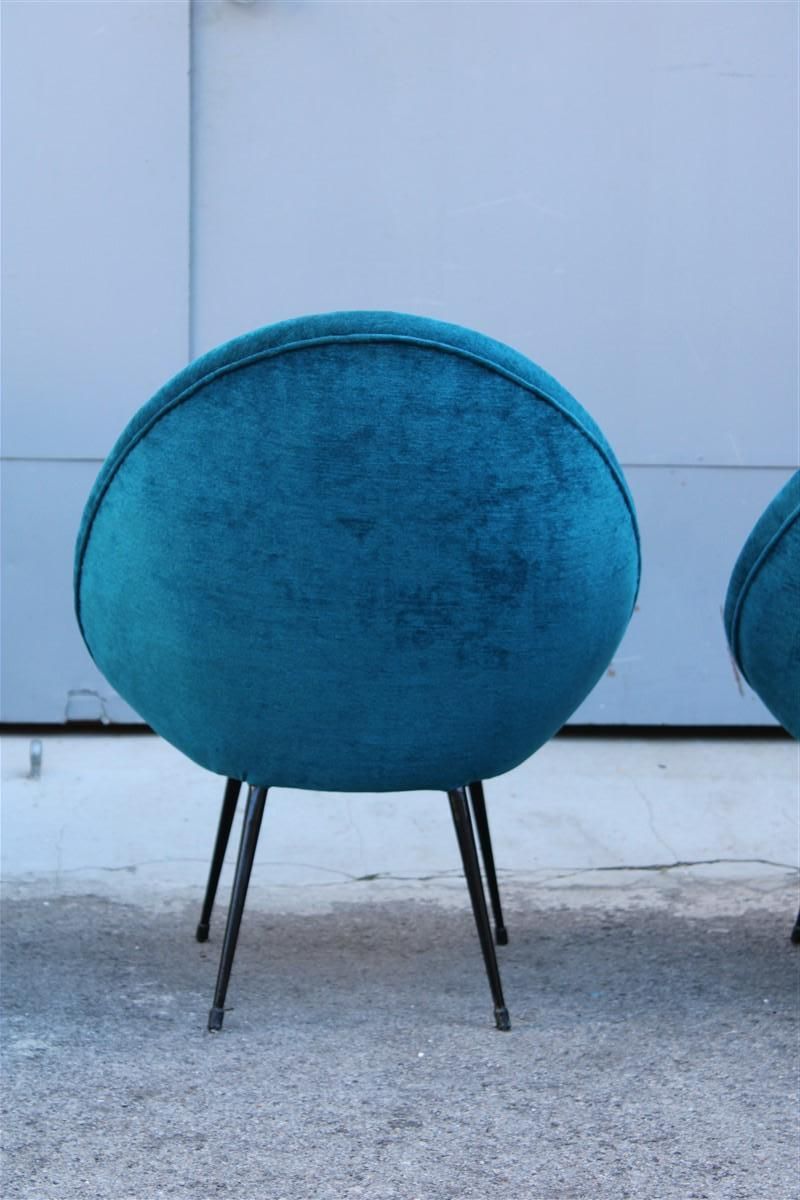 photo for sale Pair Mid Century Oval Egg Chairs Blu Velvet Ico Parisi Style Italian Design 1950