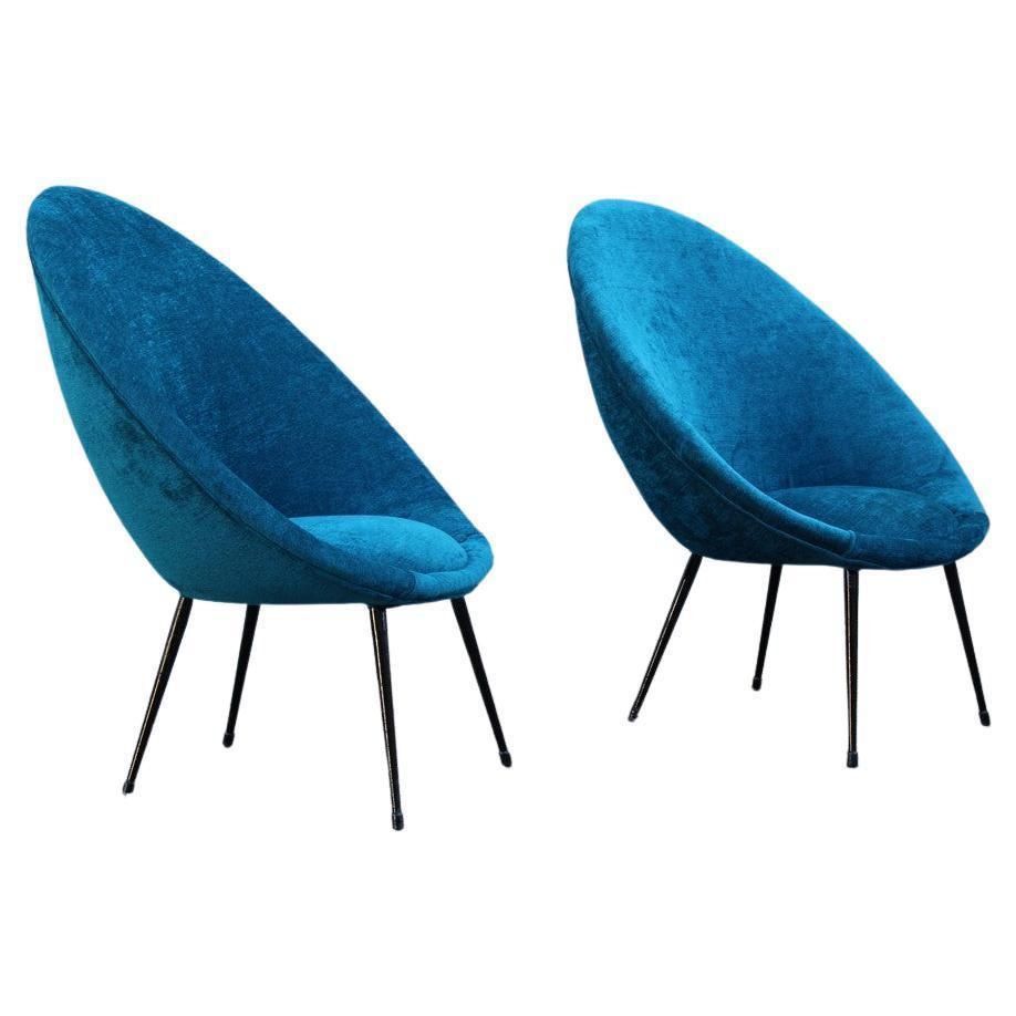 Pair Mid Century Oval Egg Chairs Blu Velvet Ico Parisi Style Italian Design 1950
