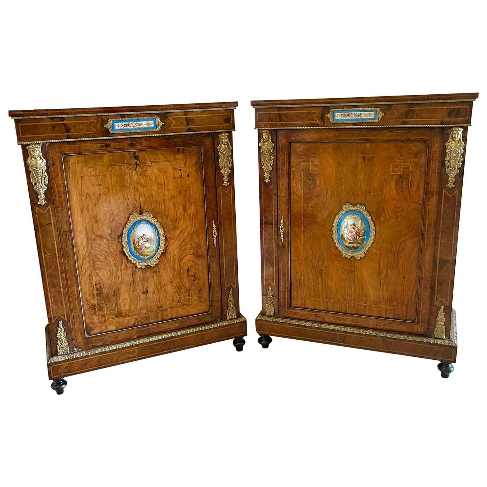 Fantastic Pair Of Antique Inlaid Burr Walnut And Porcelain Mounted Pier Cabinets