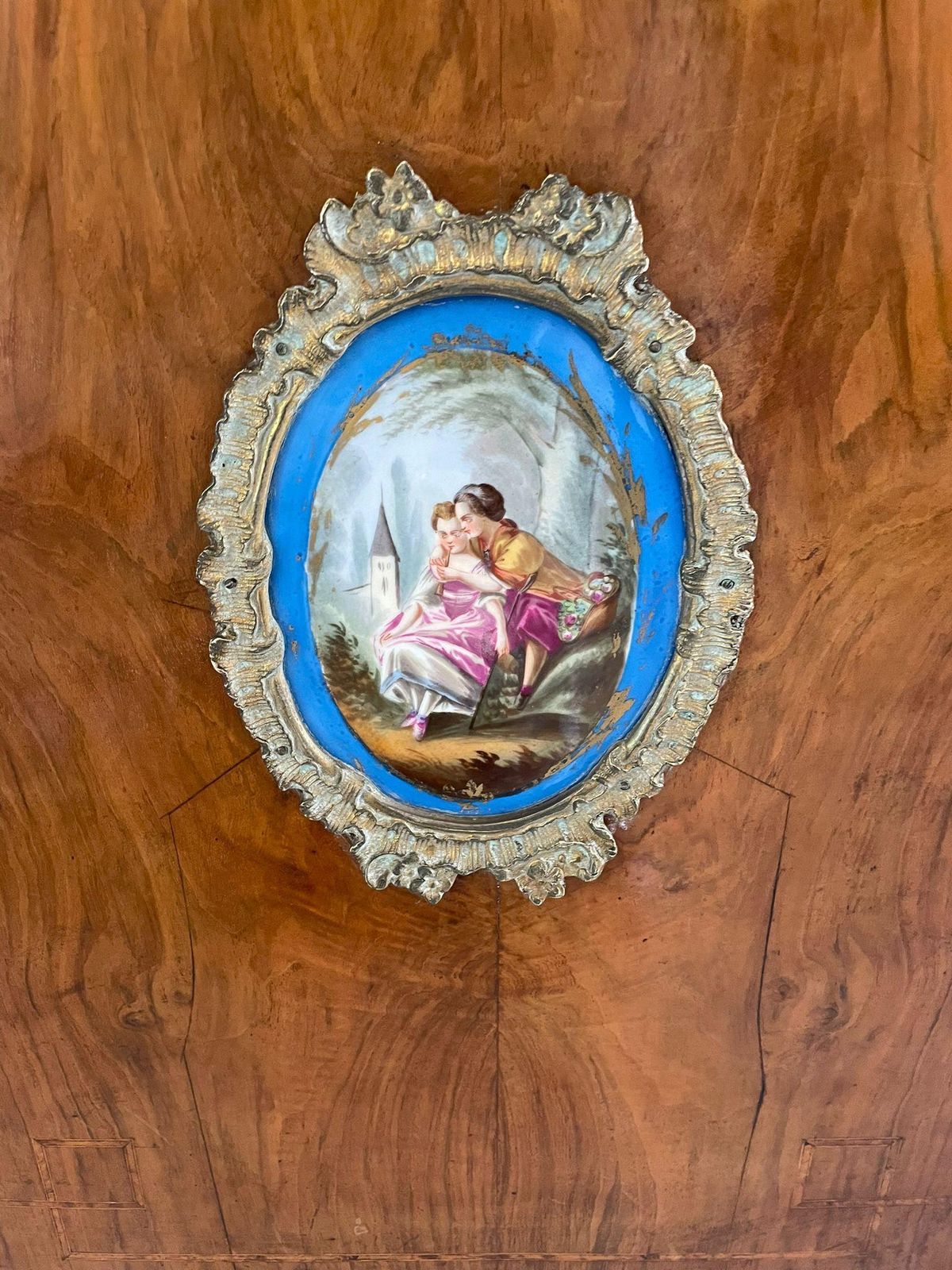 Fantastic Pair Of Antique Inlaid Burr Walnut And Porcelain Mounted Pier Cabinets photo furniture
