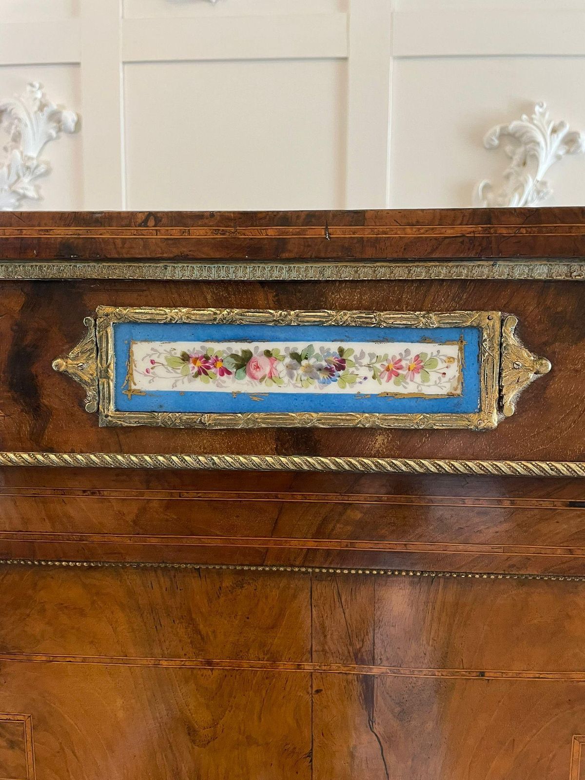 Fantastic Pair Of Antique Inlaid Burr Walnut And Porcelain Mounted Pier Cabinets photo for sale