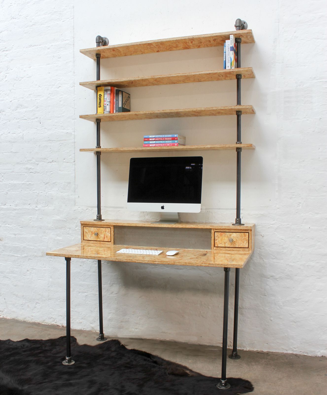 Pinder Highly Gloss Lacquered Osb Industrial Desk With Storage Drawers And Perforated Steel Radiator Hiding Detail
