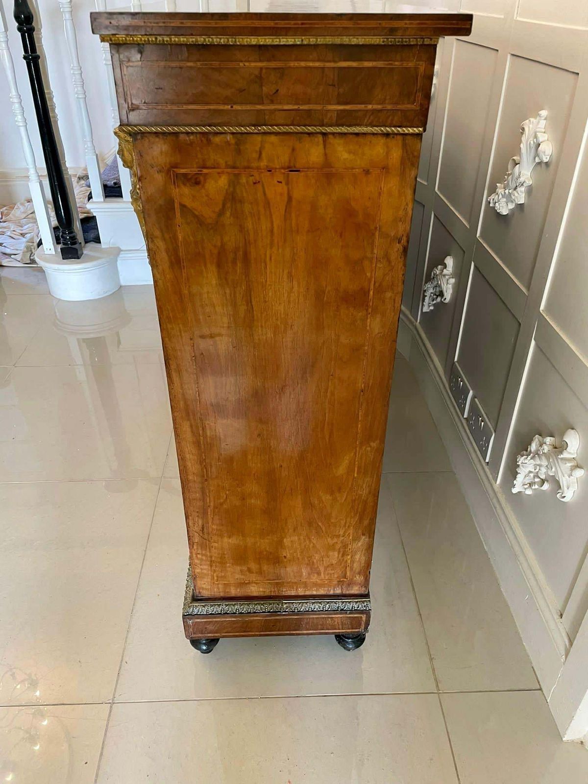 photo for sale Fantastic Pair Of Antique Inlaid Burr Walnut And Porcelain Mounted Pier Cabinets