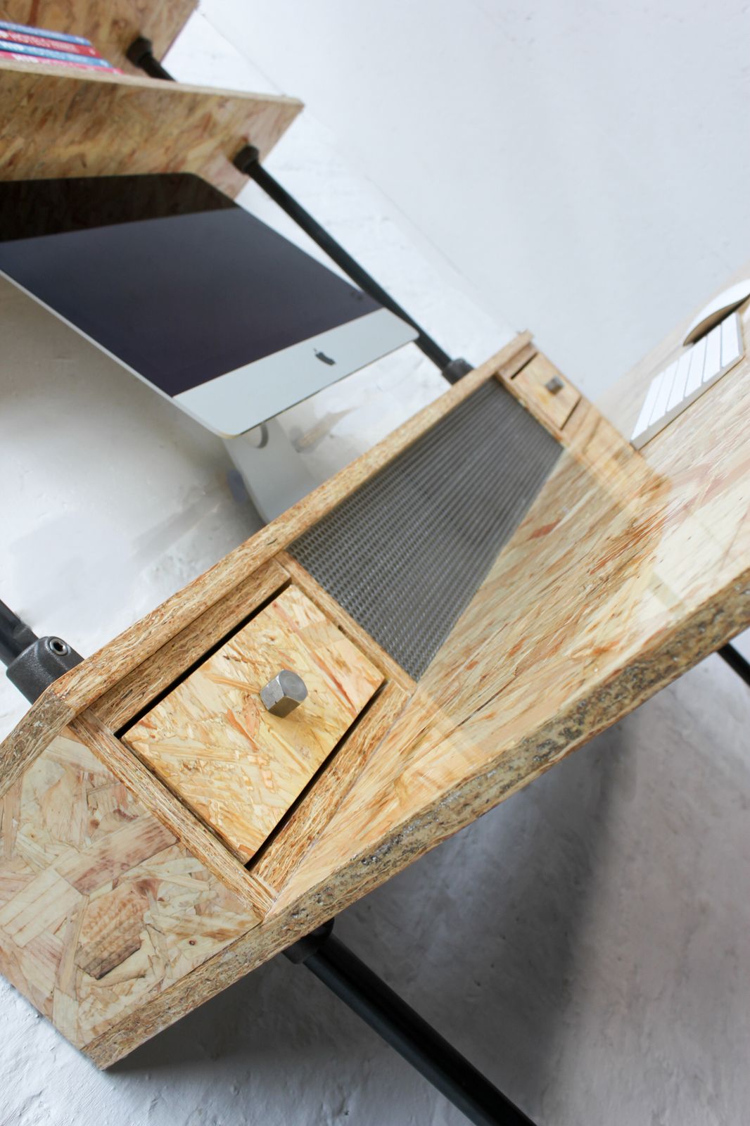 Pinder Highly Gloss Lacquered Osb Industrial Desk With Storage Drawers And Perforated Steel Radiator Hiding Detail photo furniture