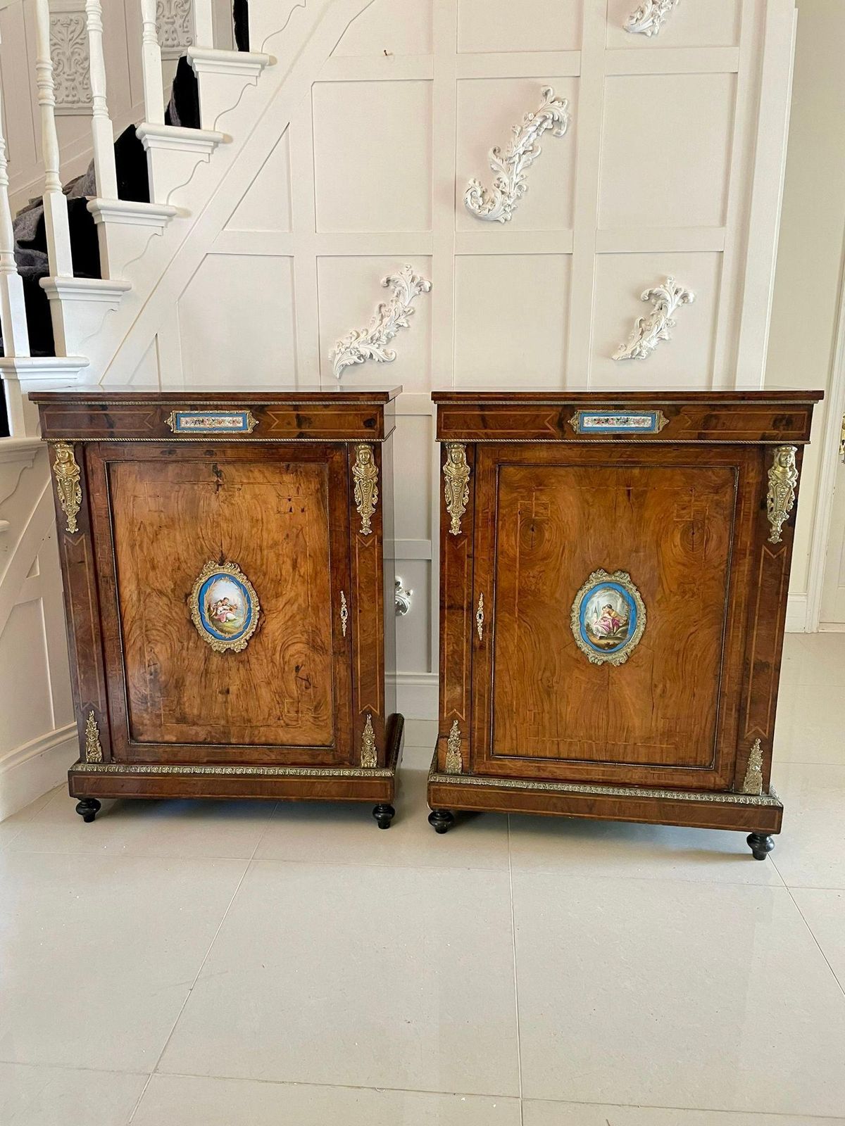 photo buy Fantastic Pair Of Antique Inlaid Burr Walnut And Porcelain Mounted Pier Cabinets