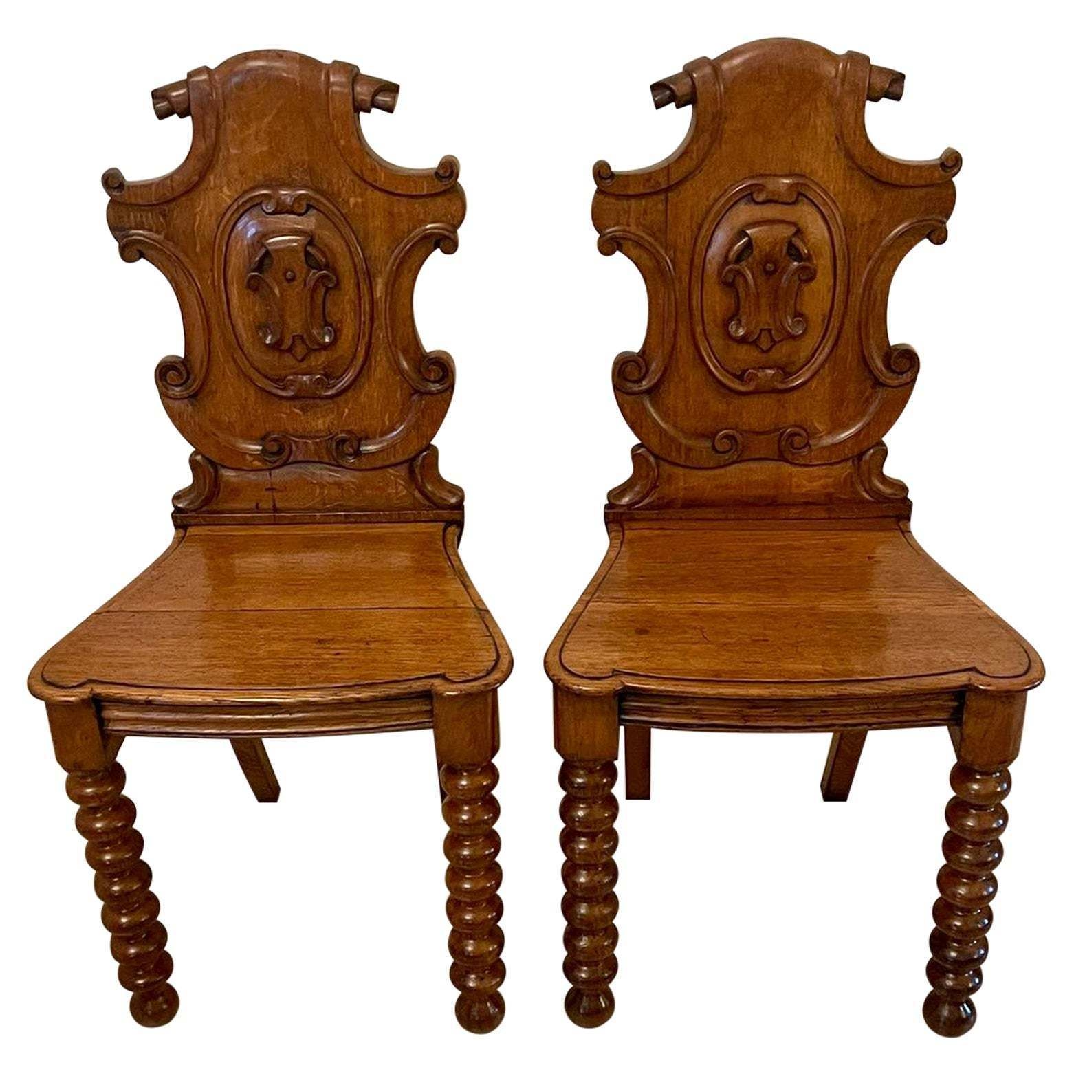 Pair Of Antique Victorian Carved Oak Hall Chairs