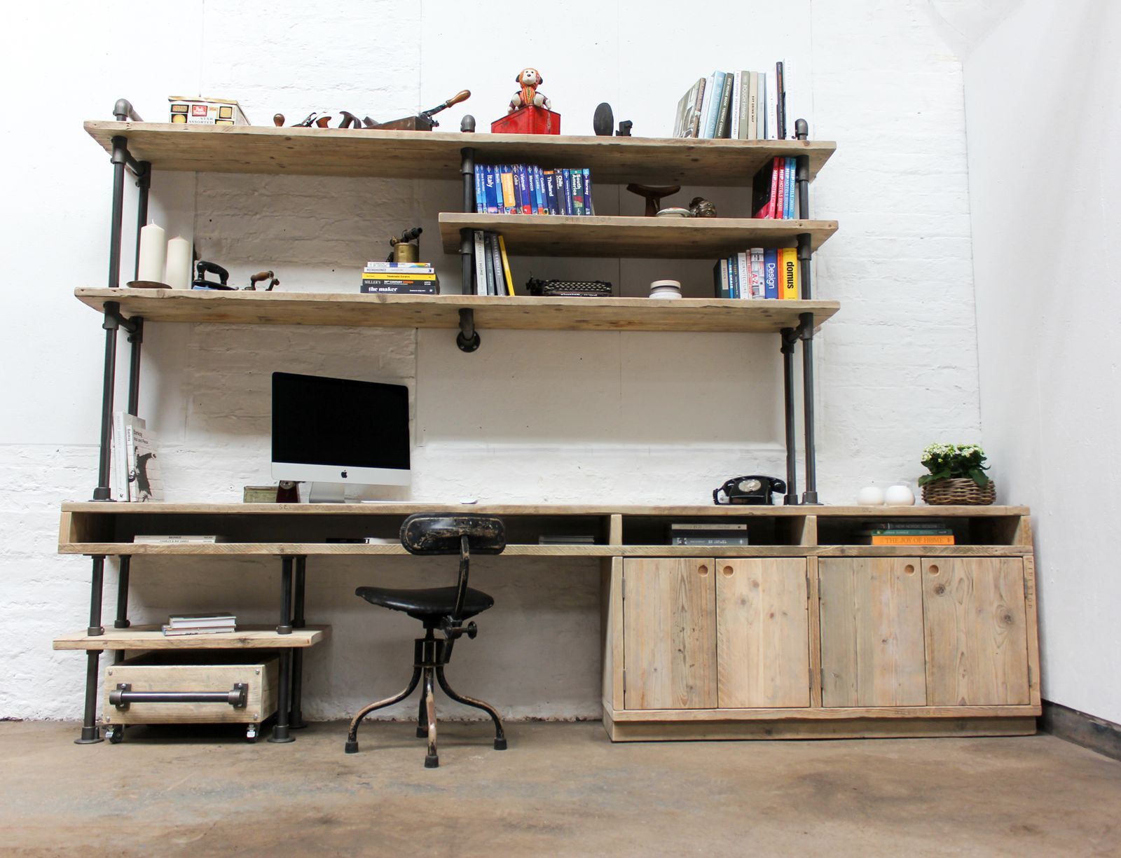 Pourreza Reclaimed Scaffolding Boards, Dark Steel Pipe Industrial Desk With Cupboards And Shelves  photo for sale