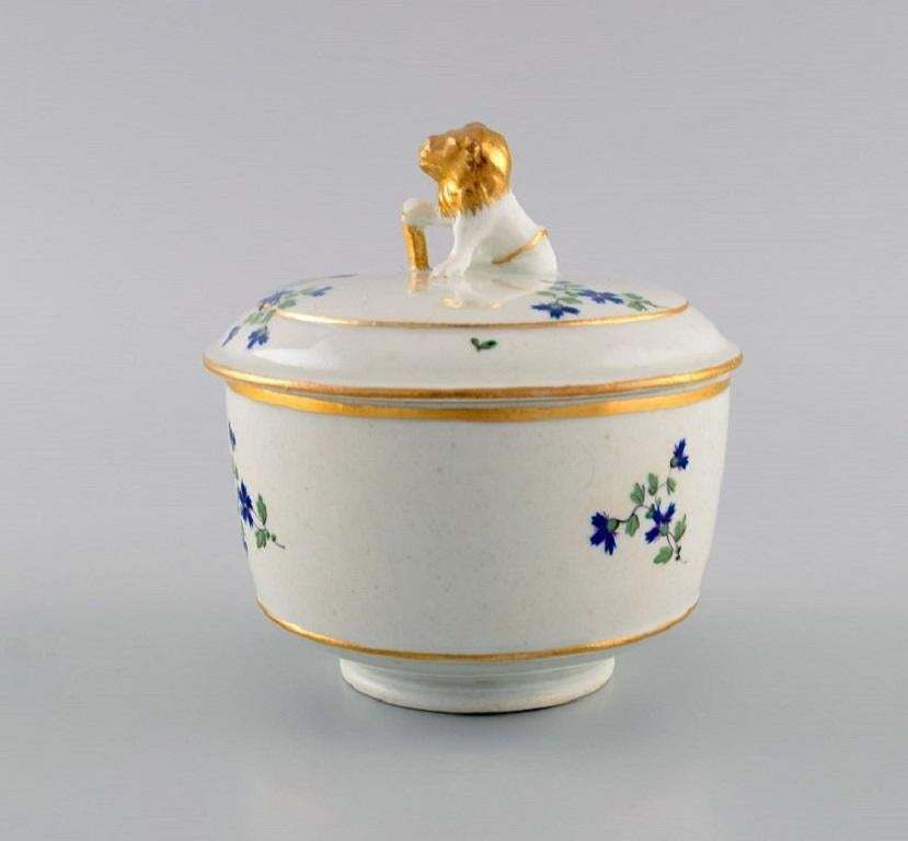 Antique German Sugar Bowl In Hand Painted Porcelain With Flowers And Gold Edges