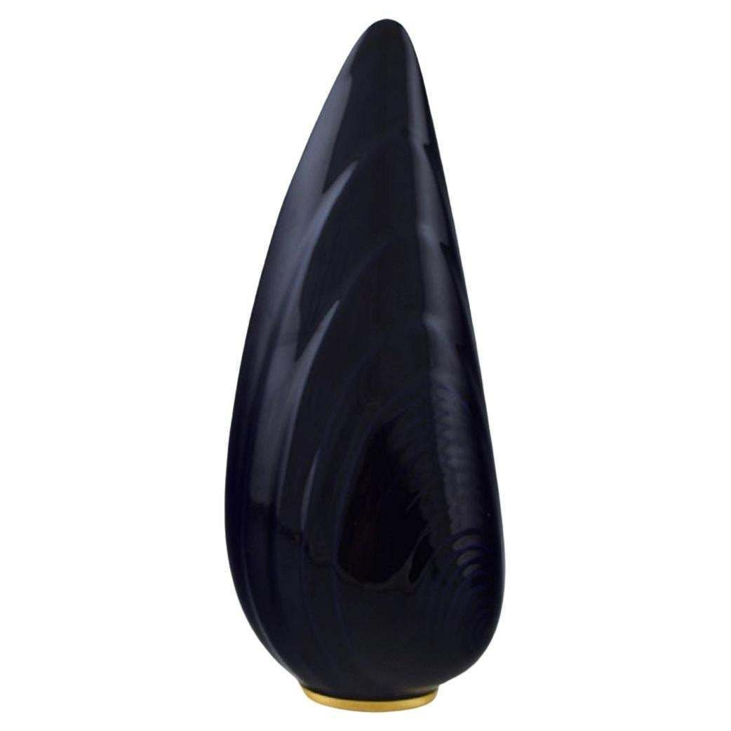 Upsala Ekeby  Karlskrona Ceramic Vase Navy Blue Glaze With Gold Decoration