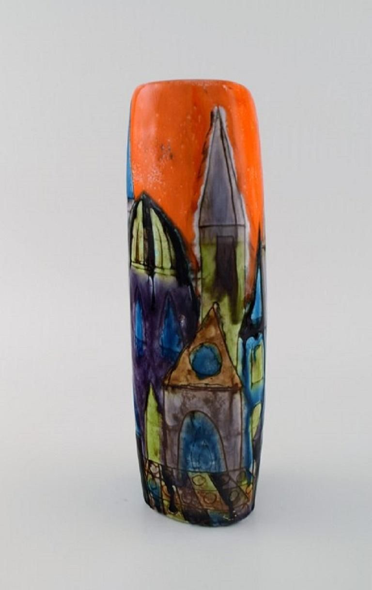 Elio Schiavon, Italy, Unique Vase In Glazed Ceramics With City Motif photo for sale