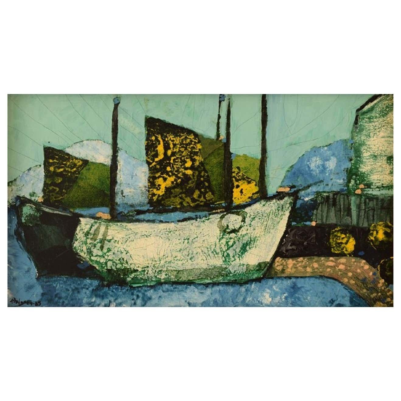 Sven Ahlgren, Sweden, Oil On Board, Modernist Landscape With Boats