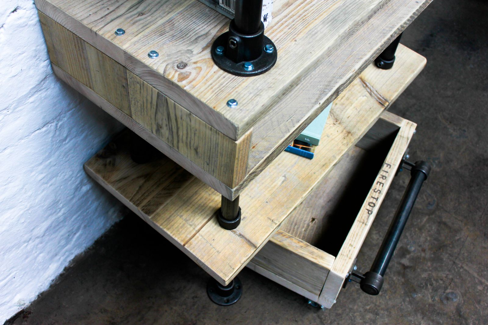 Pourreza Reclaimed Scaffolding Boards, Dark Steel Pipe Industrial Desk With Cupboards And Shelves  photo 4470.0