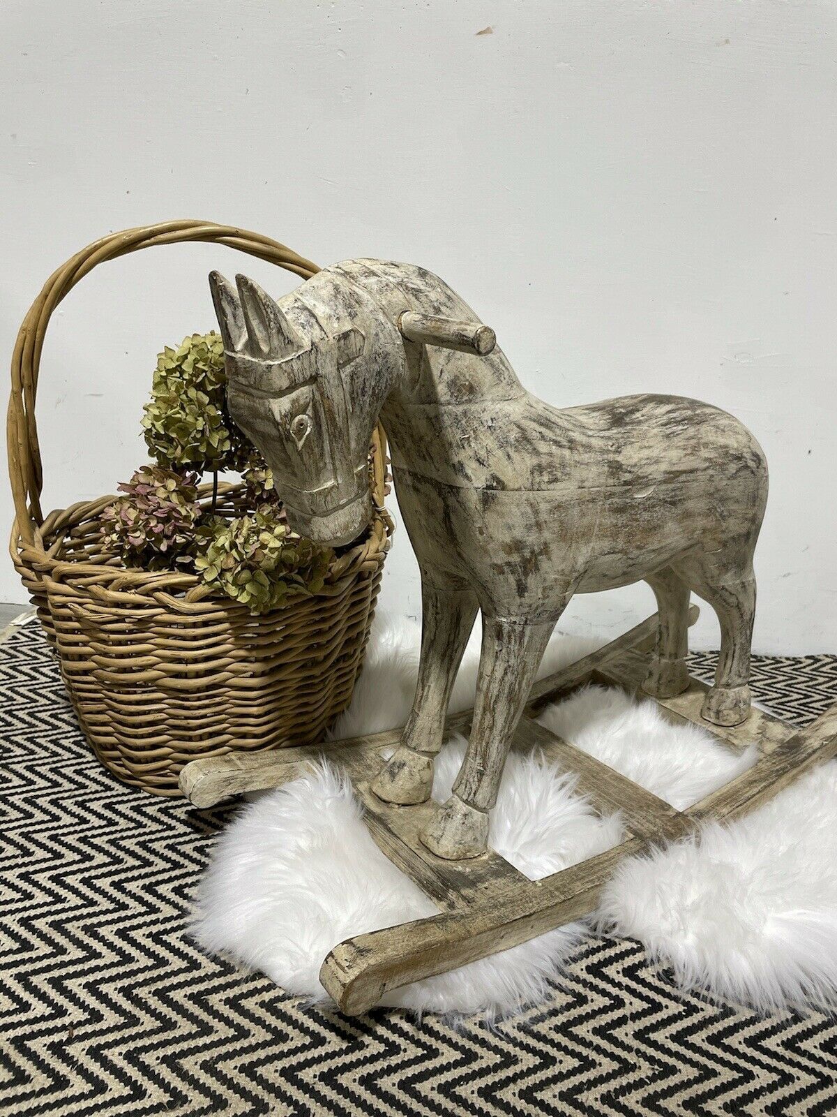 photo for sale Large Antique Carved Indian Wooden Rocking Horse