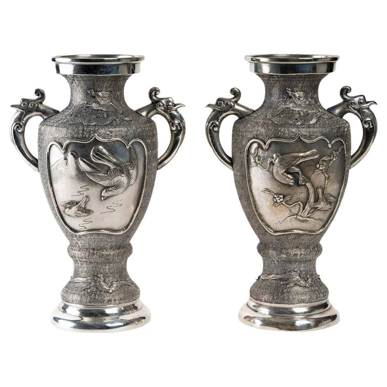 Pair Of Silvered Metal Vases, Asia photo furniture