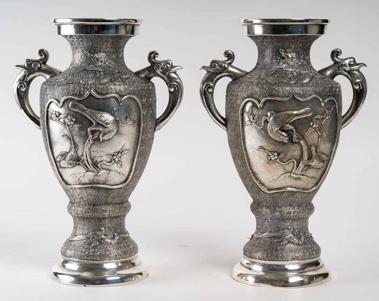 photo for sale Pair Of Silvered Metal Vases, Asia