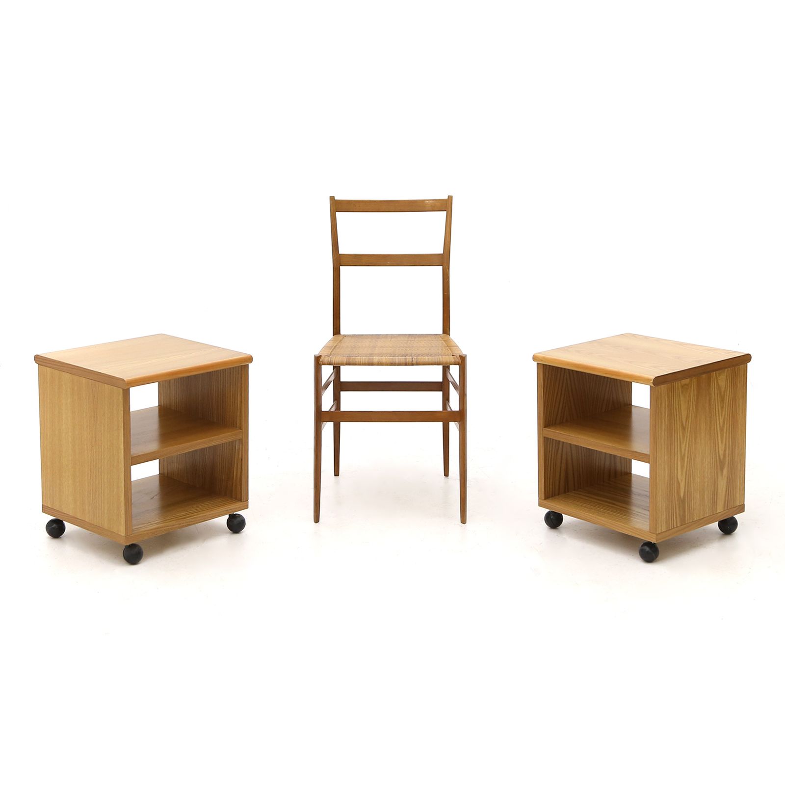 photo furniture Pair Of Wooden Bedside Tables With Wheels, 1970s