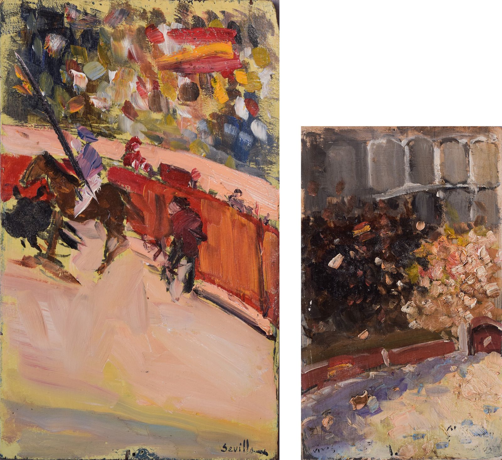 Pair Of Impressionist Oil Sketches Of A Bullfight