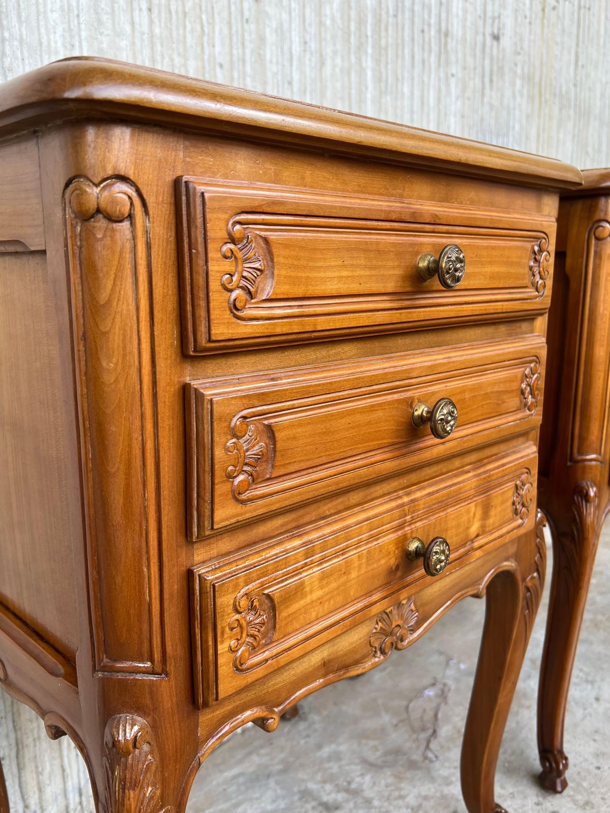 photo for sale Pair Of Louis XVI Style Nightstands With Three Drawers And Cabriole Legs
