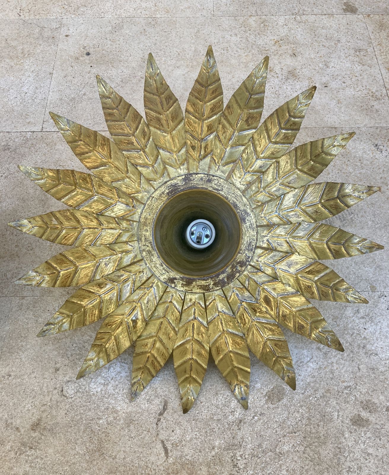 Pair Of Mid Century Spanish Sunburst Ceiling Light Fixture Or Wall Sconce In Wrought Gilt Iron, 1960s photo buy