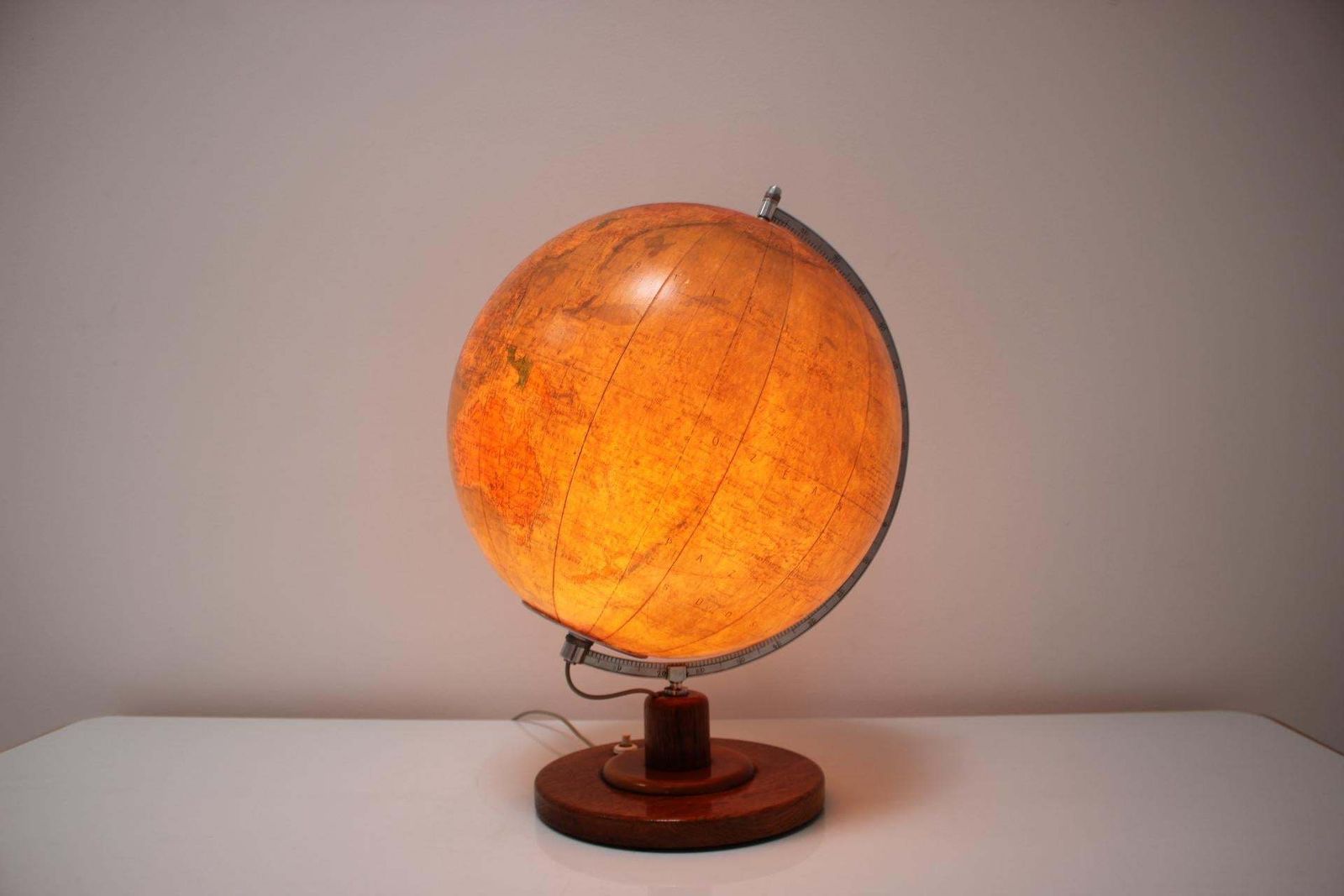 photo furniture Mid Century Light Glass Globe With Wooden Base By Paul Rath, 1950s