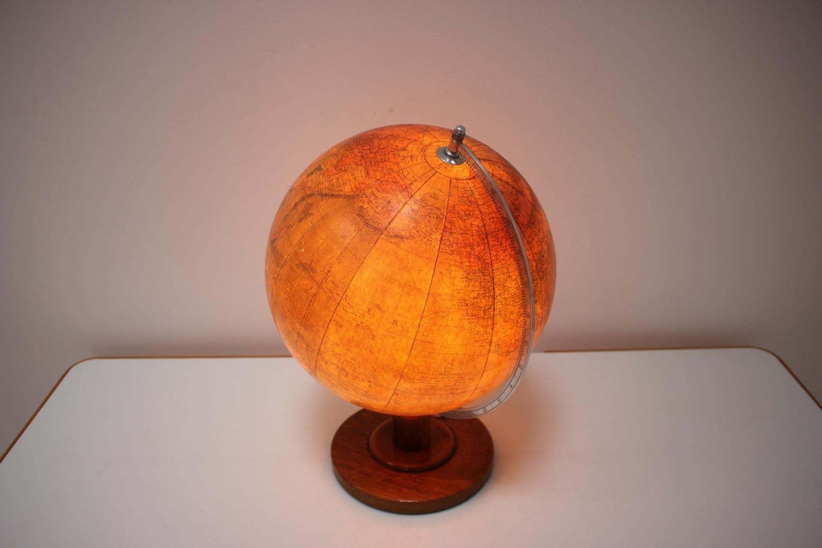 Lighting Mid Century Light Glass Globe With Wooden Base By Paul Rath, 1950s photo