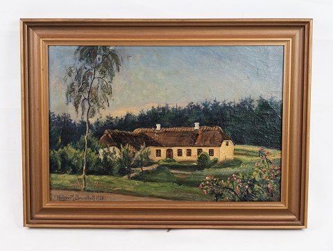 Oil Painting With Peasant House And Gold Frame From 1926.