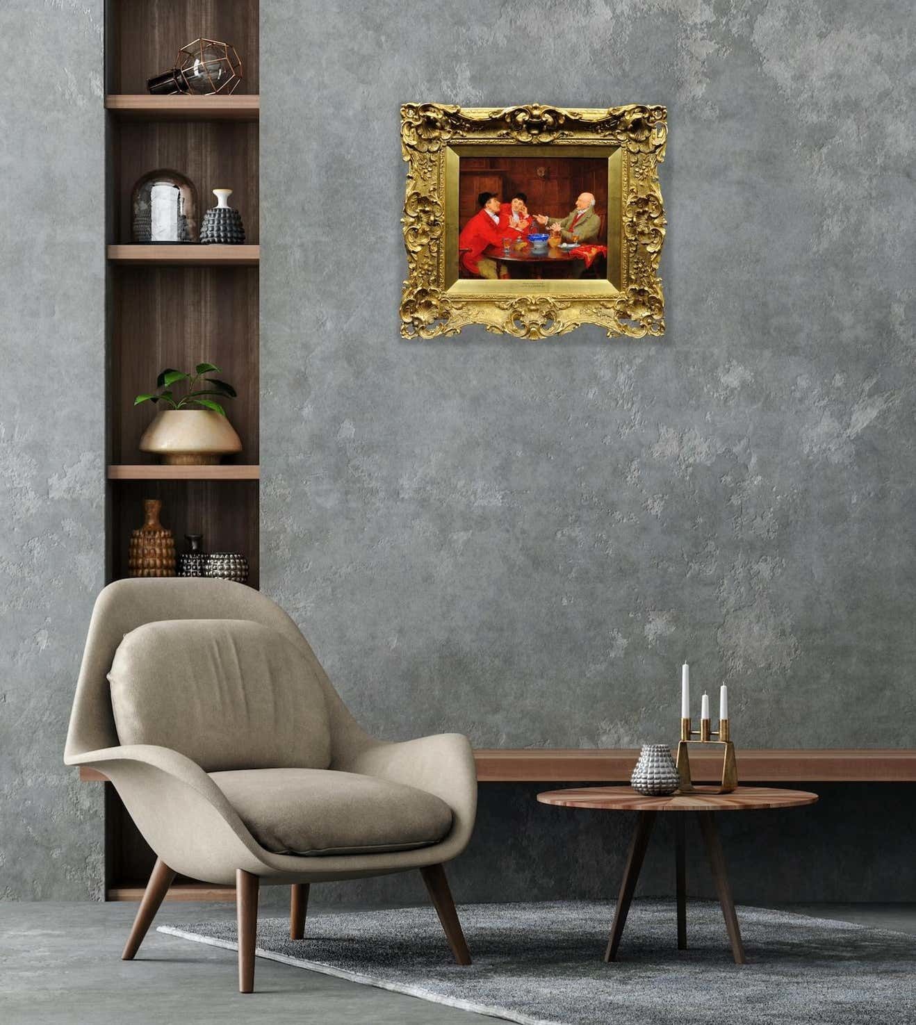 photo furniture John Arthur Lomax 1857 To 1923. English. When I Was A Boy. Framed Hunting & Interior Oil Painting. Country Pursuits Circa 1900 Victorian Period.