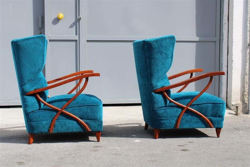 photo vintage Pair Of Italian Armchairs In Cherry Wood Blue Velvet Paolo Buffa Design 1950