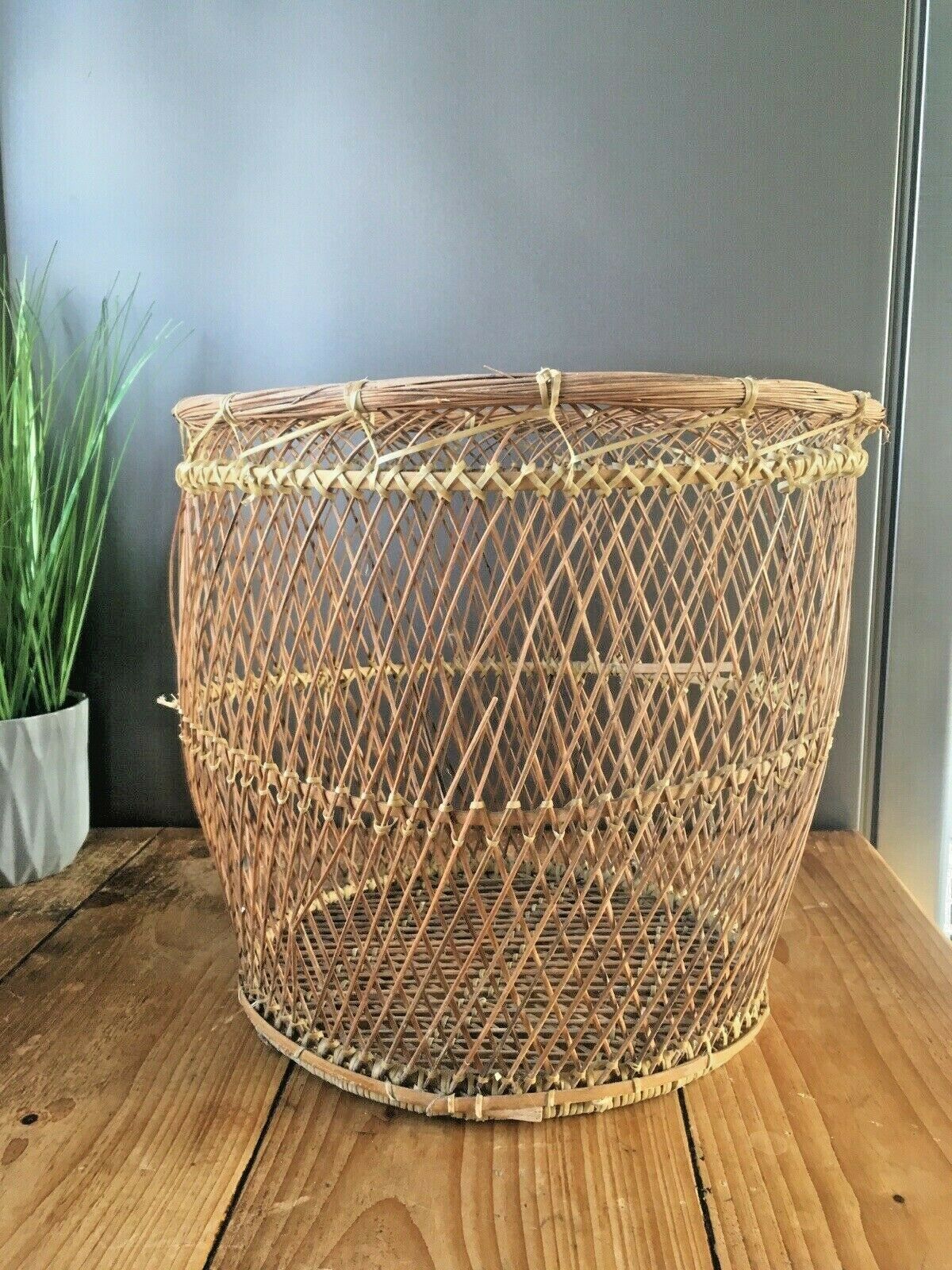 Vintage 50's 60's Woven Wicker Basket Waste Paper Bins Boho Tiki Retro Kitsch photo buy