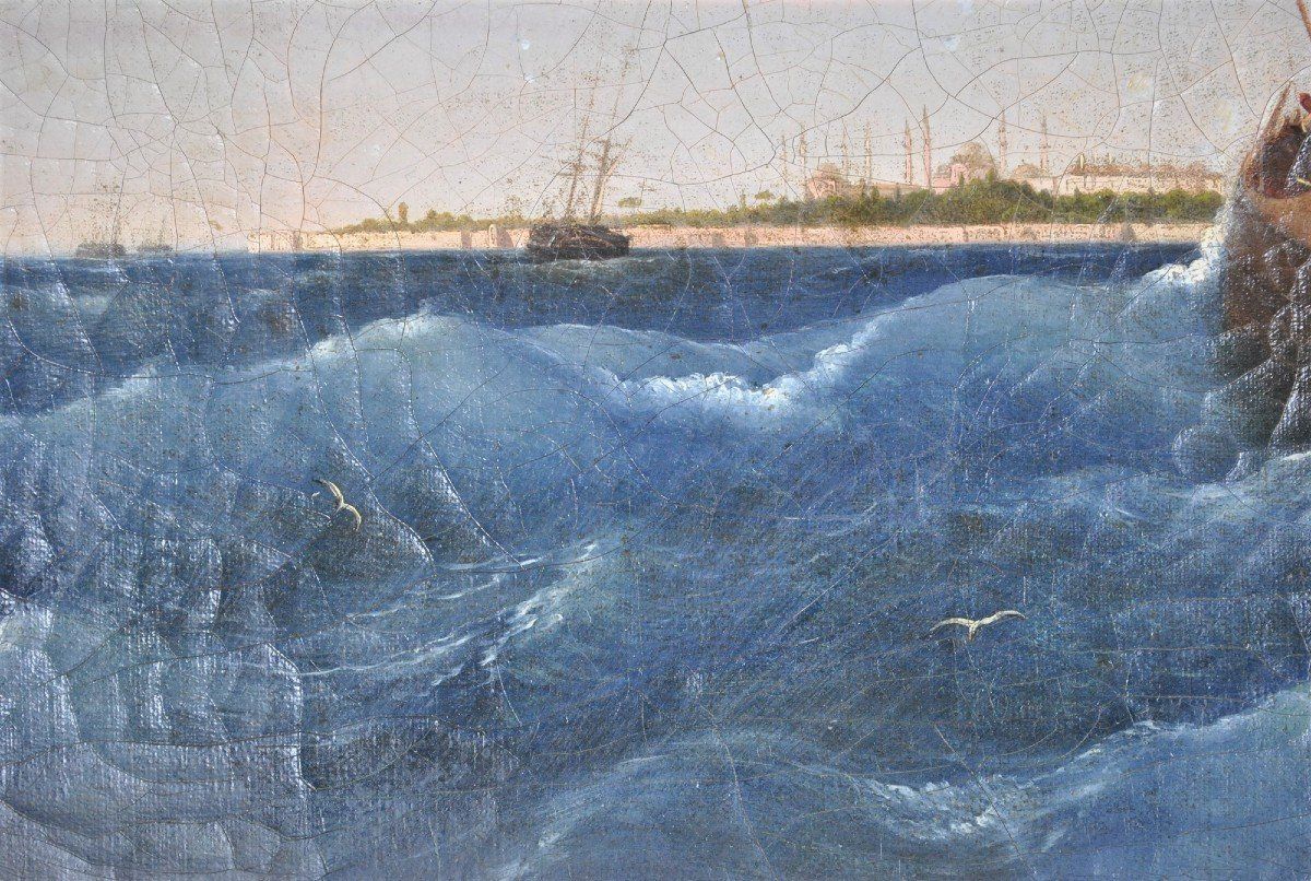 photo furniture F Berré, Paintins Ship In Front Of Constantinople, Xixth Century