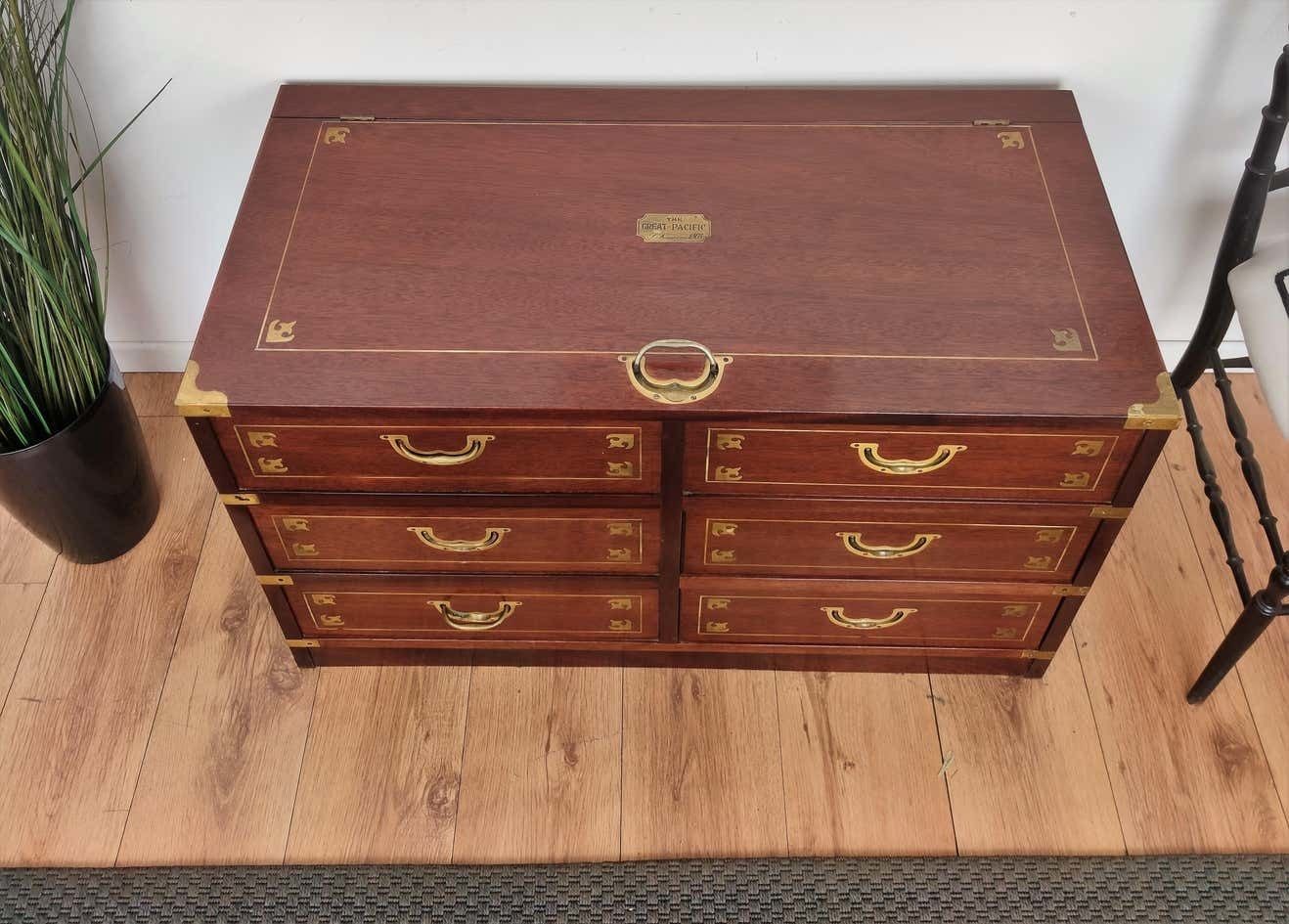 Italian Midcentury Wood And Brass Marine Military Campaign Style Chest photo 1491.0
