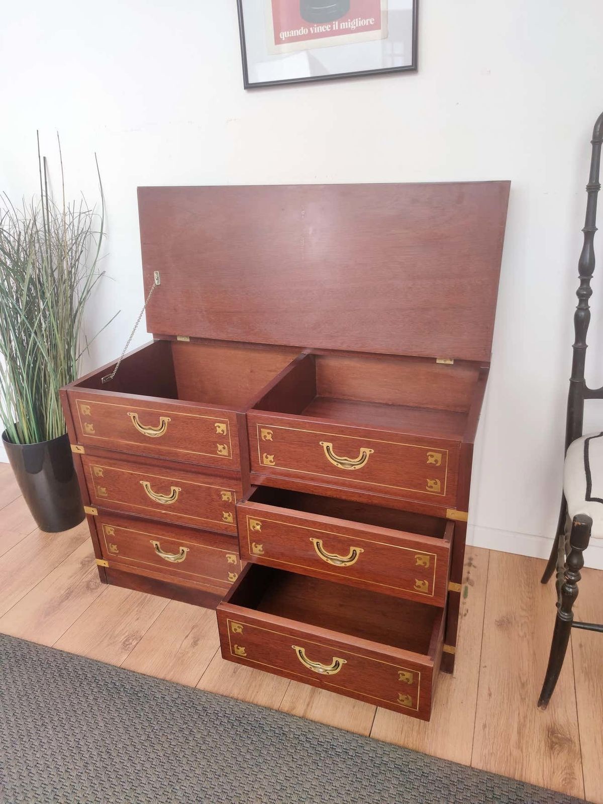 Italian Midcentury Wood And Brass Marine Military Campaign Style Chest photo vintage