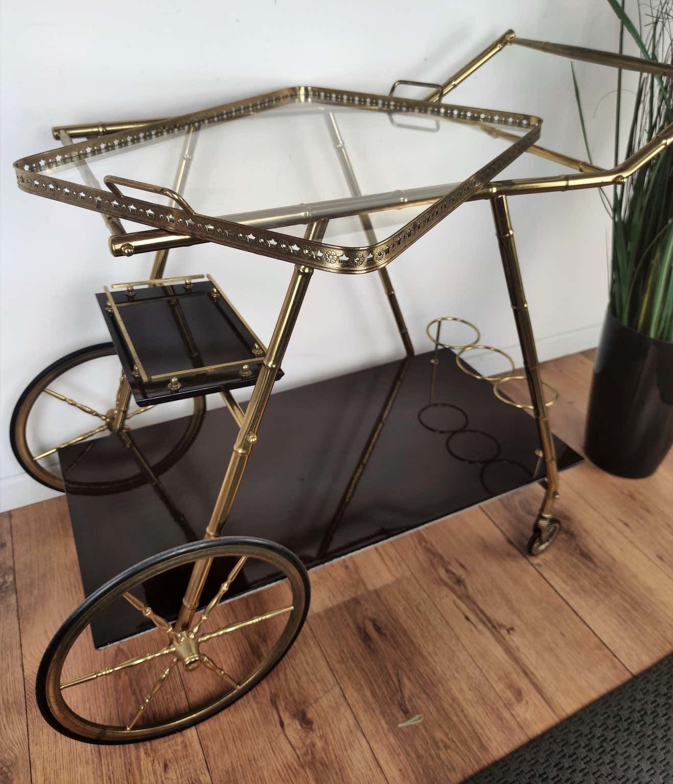 Two Tier Brass And Glass Bar Cart With Removable Top Tray, Italy, 1970s photo for sale