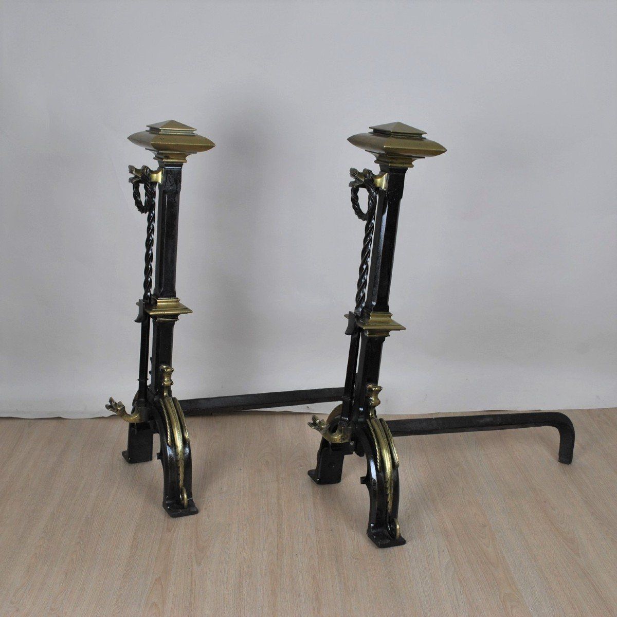 Pair Of Andirons In Bronze And Iron, Gothic Style, Xixth Century photo for sale