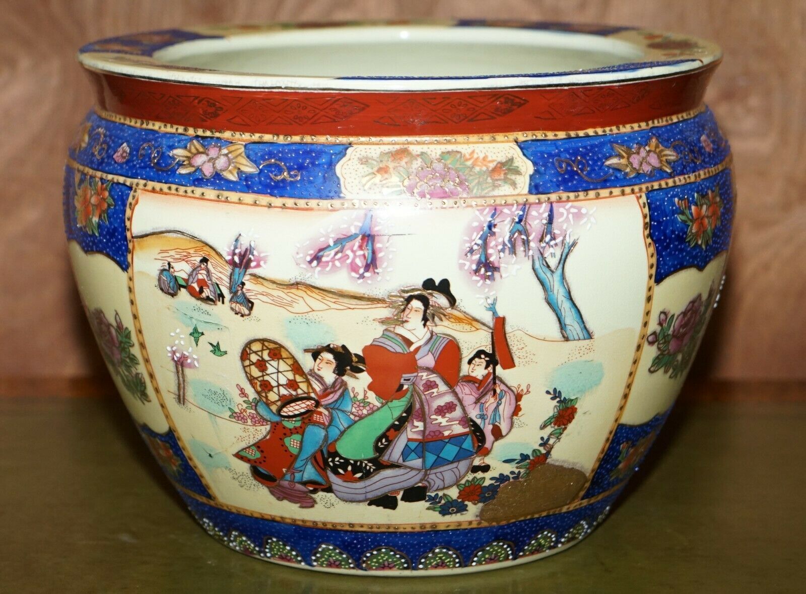 Vintage Large Chinese Export Satsuma Moriage Geishas Koi Fish Bowl Decorative photo vinterior