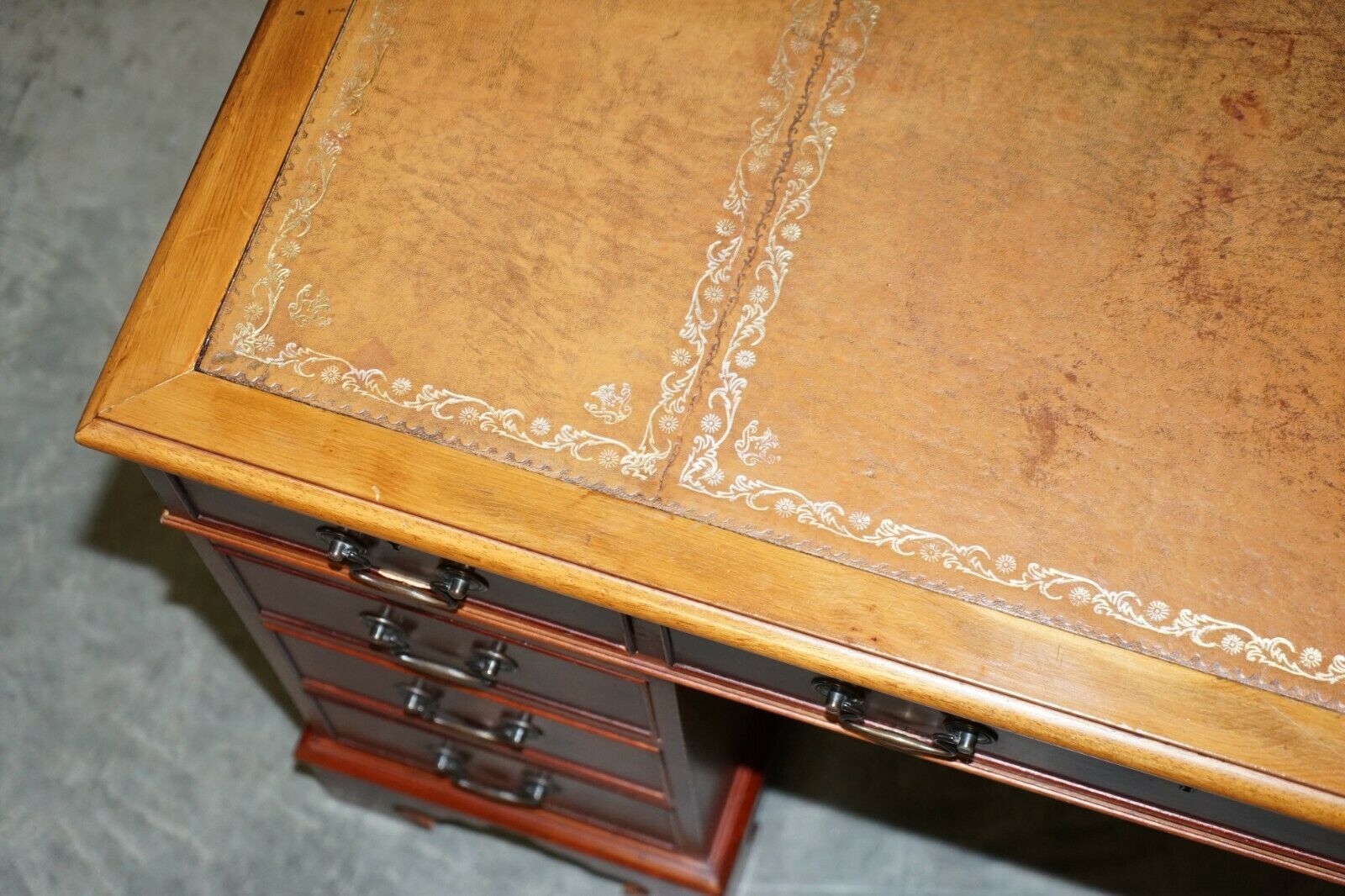 Vintage Walnut Twin Pedestal Partner Desk Tan Brown Leather Top Panelled Back photo buy