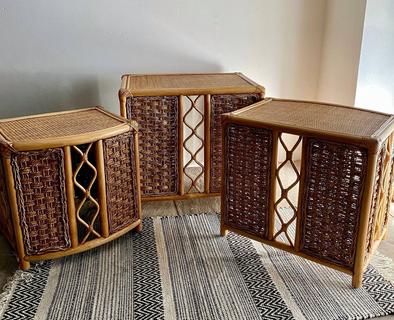 Set Of Bamboo Rattan Cane Mid Century Nest Of Tables photo furniture