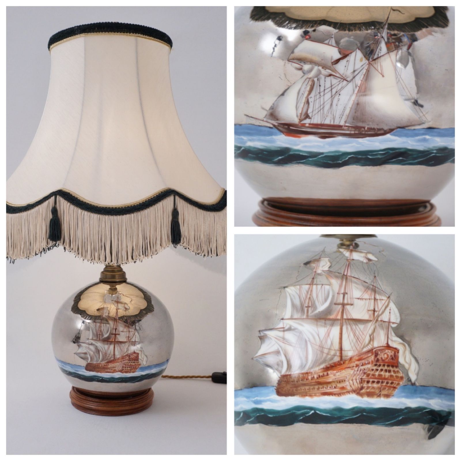 Mercury Glass Antique Table Lamp, Galleon & Ship, Handblown, 1920`s Ca, English, Rewired photo furniture