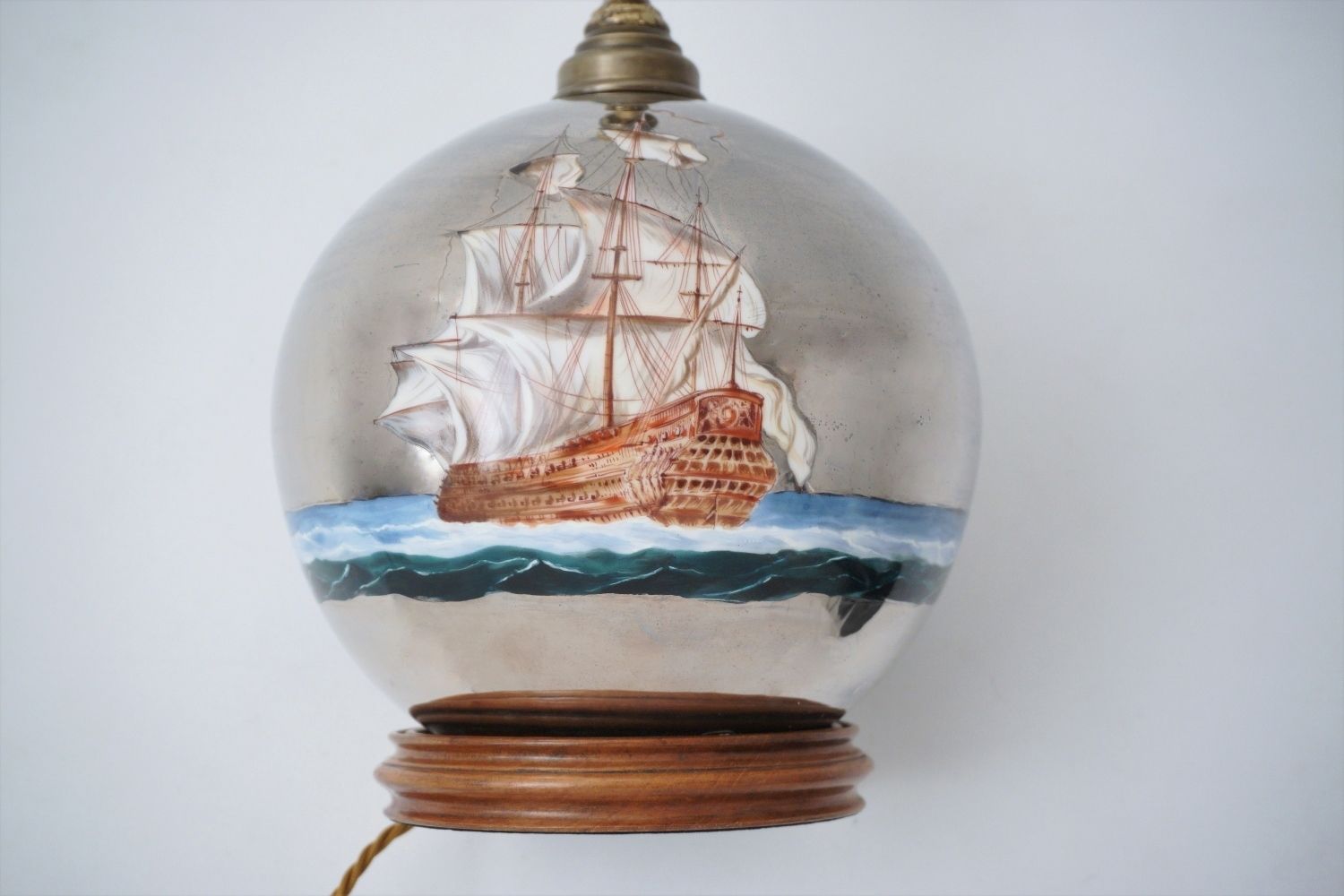 Mercury Glass Antique Table Lamp, Galleon & Ship, Handblown, 1920`s Ca, English, Rewired photo vinterior