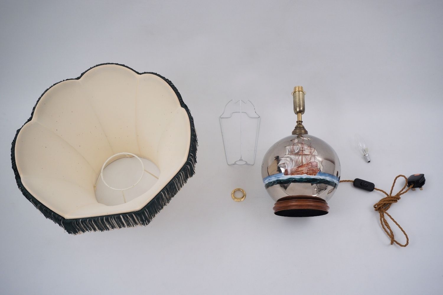 Lighting Mercury Glass Antique Table Lamp, Galleon & Ship, Handblown, 1920`s Ca, English, Rewired photo