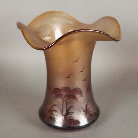 Art Nouveau Glass Vase With Palm Tree Decor. France 1900   1920