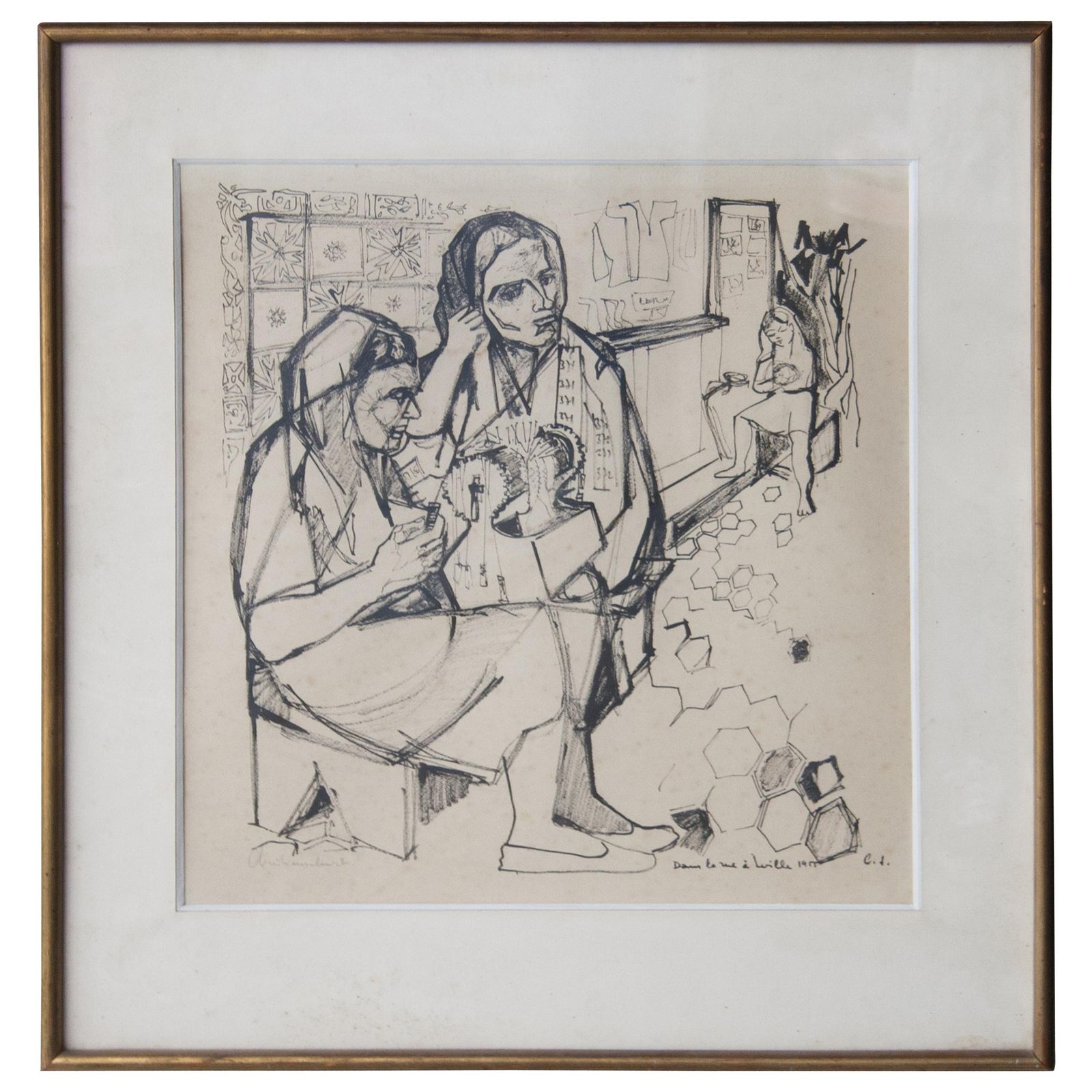 Midcentury Pen Drawing On Paper, France, 1950