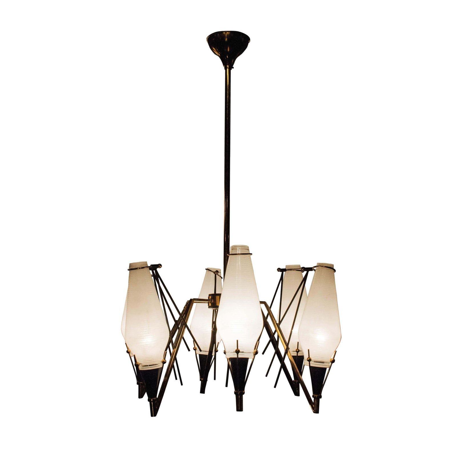 Mid Century Modern Circular Gold White Brass Glass Ceiling Lamp Italy, 1950