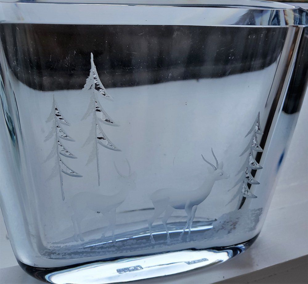 Swedish Ice Blue Glass Vase With An Etched Forest Motif photo furniture