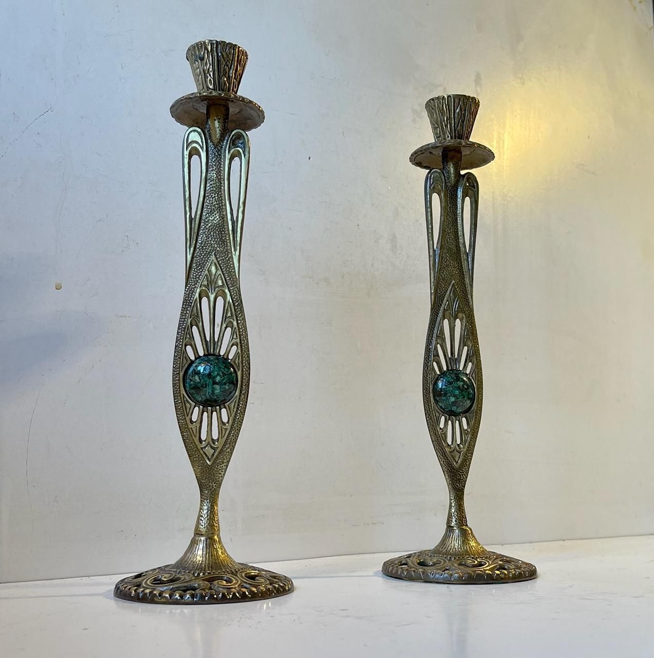 Vintage Holyland Brass Candlesticks With Green Eliat Stones photo buy